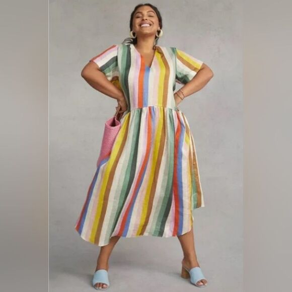 SOLD! ANTHROPOLOGIE WHIT TWO Striped Linen Midi Dress - Size 2X - Picture 1 of 9